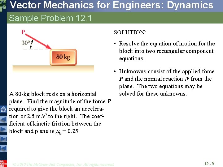 Ninth Edition Vector Mechanics for Engineers: Dynamics Sample Problem 12. 1 SOLUTION: • Resolve