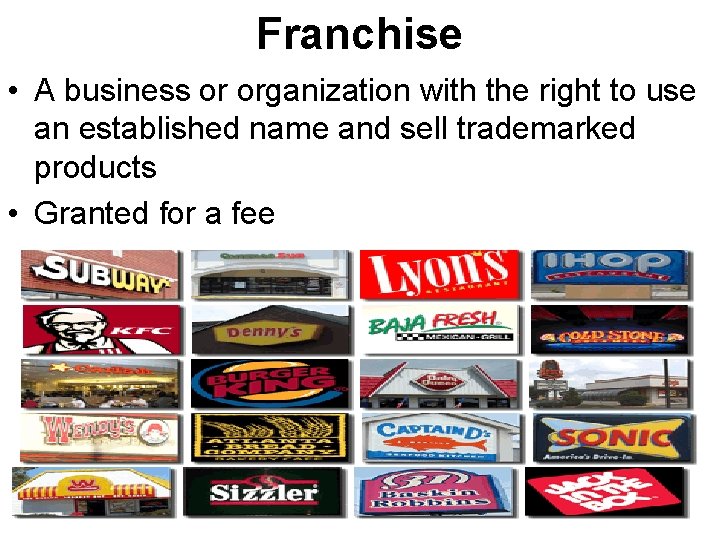 Franchise • A business or organization with the right to use an established name