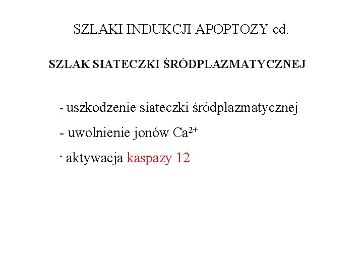 SZLAKI INDUKCJI APOPTOZY cd. SZLAK SIATECZKI ŚRÓDPLAZMATYCZNEJ - uszkodzenie siateczki śródplazmatycznej - uwolnienie jonów SZLAKI INDUKCJI APOPTOZY cd. SZLAK SIATECZKI ŚRÓDPLAZMATYCZNEJ - uszkodzenie siateczki śródplazmatycznej - uwolnienie jonów