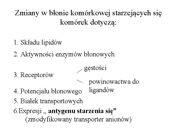 Zmiany w błonie komórkowej starzejących się komórek dotyczą: 1. Składu lipidów 2. Aktywności enzymów Zmiany w błonie komórkowej starzejących się komórek dotyczą: 1. Składu lipidów 2. Aktywności enzymów