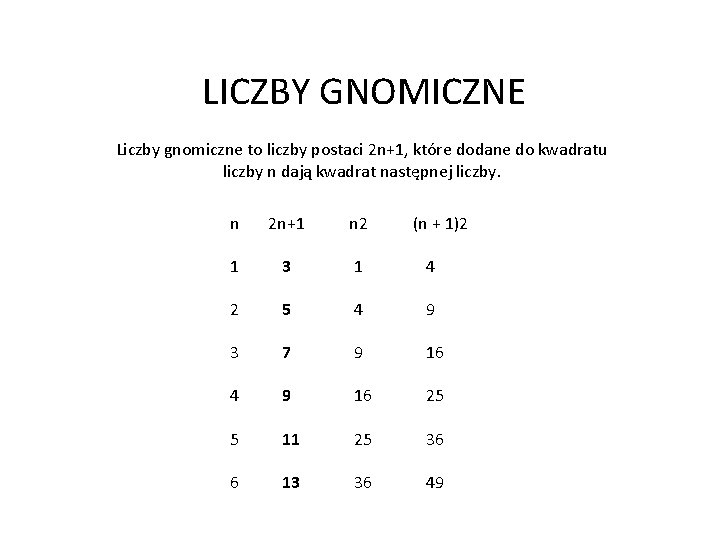  LICZBY GNOMICZNE Liczby gnomiczne to liczby postaci 2 n+1, które dodane do kwadratu