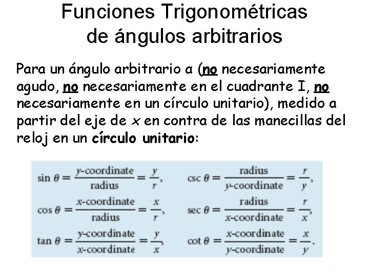 Funciones Trigonométricas de ángulos arbitrarios Para un ángulo arbitrario α (no necesariamente agudo, no