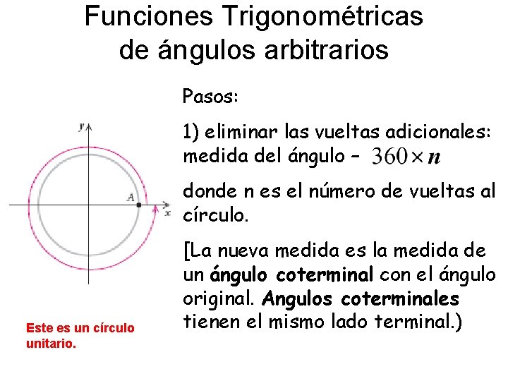 Funciones Trigonométricas de ángulos arbitrarios Pasos: 1) eliminar las vueltas adicionales: medida del ángulo