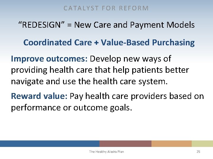 CATALYST FOR REFORM “REDESIGN” = New Care and Payment Models Coordinated Care + Value-Based