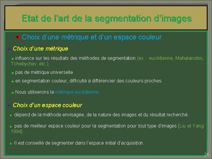 Etat de l’art de la segmentation d’images Choix d’une métrique et d’un espace couleur