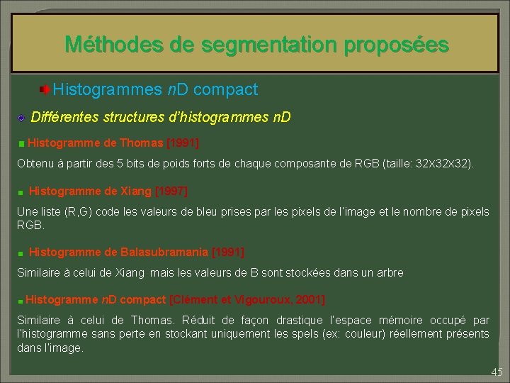Méthodes de segmentation proposées Histogrammes n. D compact Différentes structures d’histogrammes n. D Histogramme