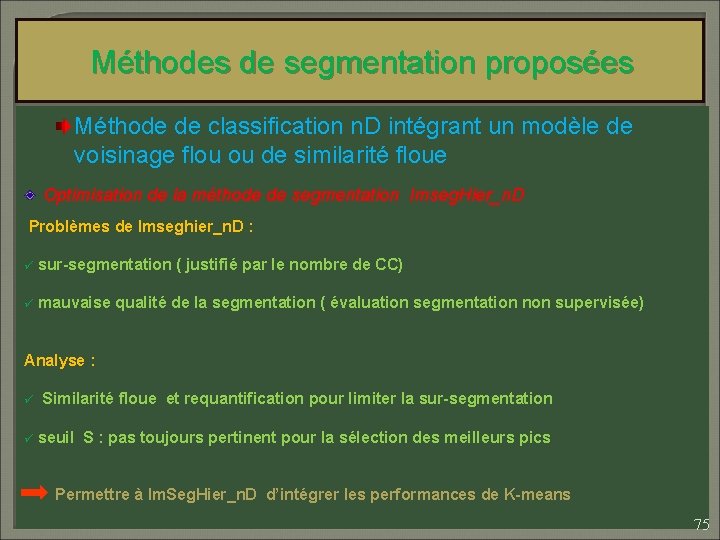 Méthodes de segmentation proposées Méthode de classification n. D intégrant un modèle de voisinage