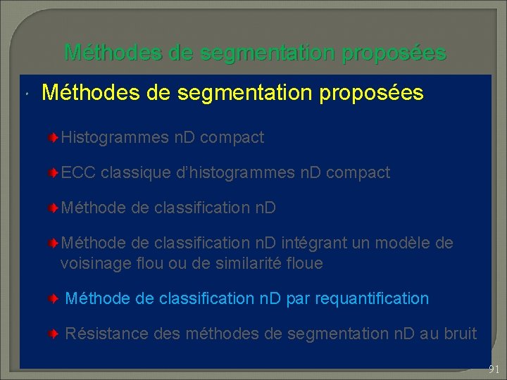 Méthodes de segmentation proposées Histogrammes n. D compact ECC classique d’histogrammes n. D compact
