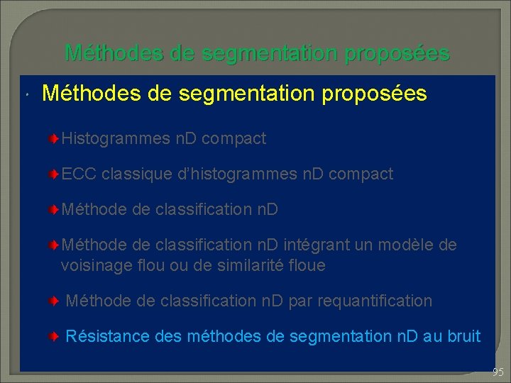 Méthodes de segmentation proposées Histogrammes n. D compact ECC classique d’histogrammes n. D compact