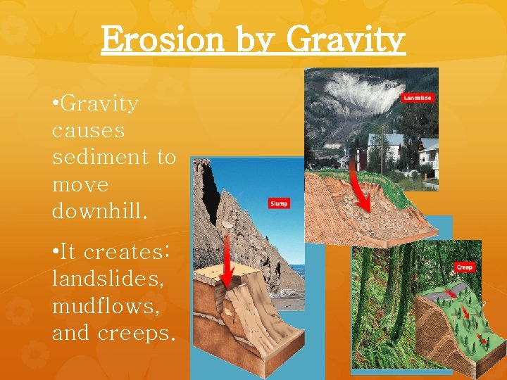 Erosion by Gravity • Gravity causes sediment to move downhill. • It creates: landslides,