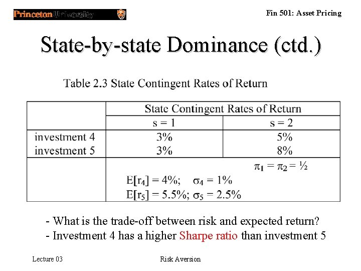 Fin 501: Asset Pricing State-by-state Dominance (ctd. ) - What is the trade-off between