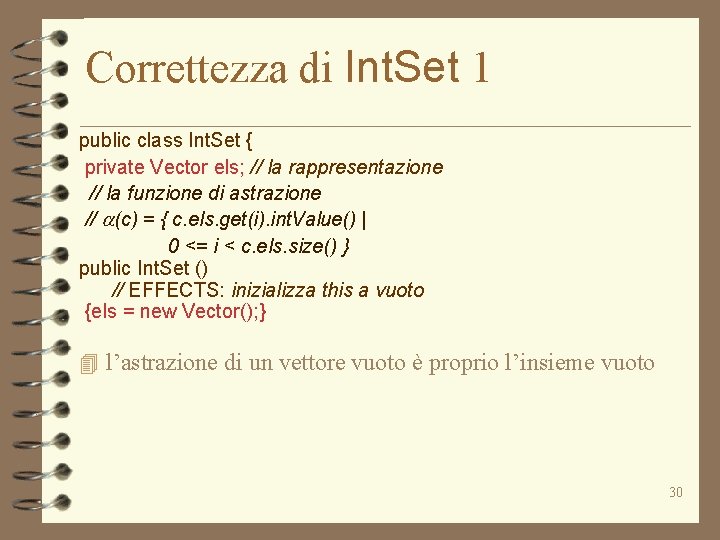 Correttezza di Int. Set 1 public class Int. Set { private Vector els; //