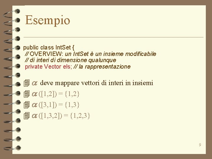 Esempio public class Int. Set { // OVERVIEW: un Int. Set è un insieme