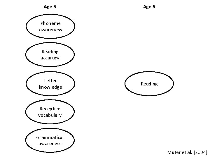 Age 5 Age 6 Phoneme awareness Reading accuracy Letter knowledge Reading Receptive vocabulary Grammatical