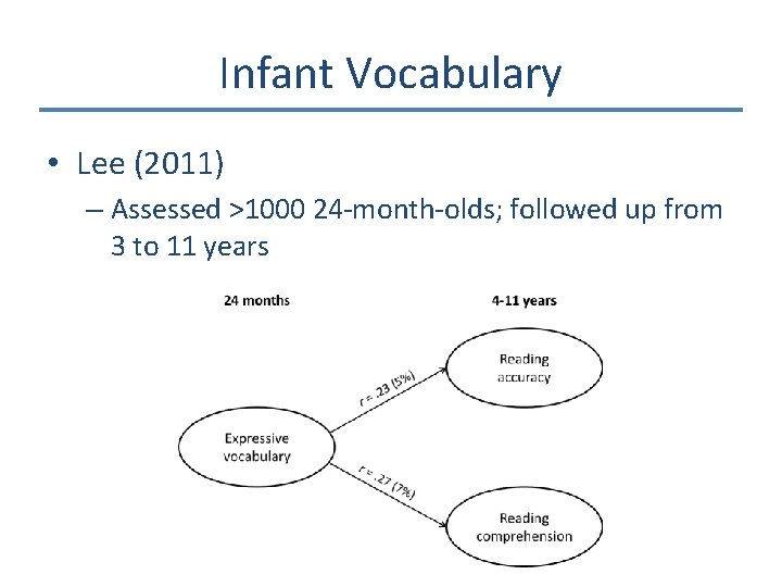 Infant Vocabulary • Lee (2011) – Assessed >1000 24 -month-olds; followed up from 3