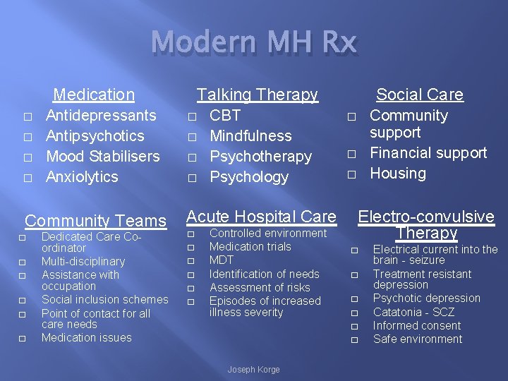 Modern MH Rx Medication � � Antidepressants Antipsychotics Mood Stabilisers Anxiolytics Community Teams �