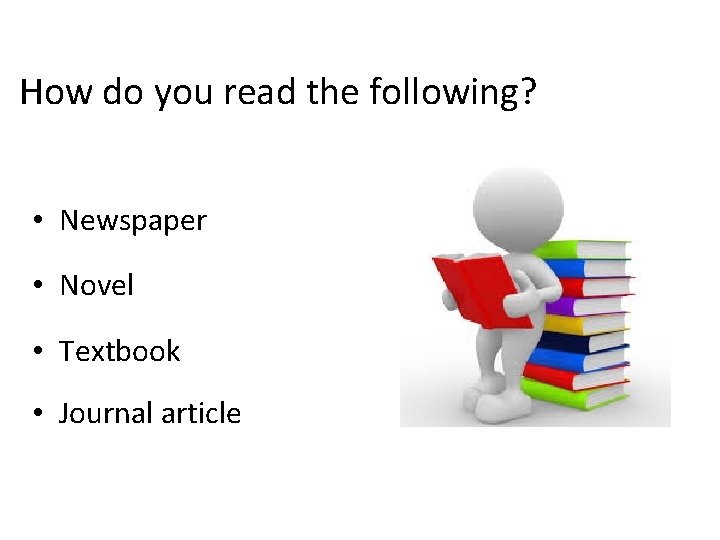 How do you read the following? • Newspaper • Novel • Textbook • Journal