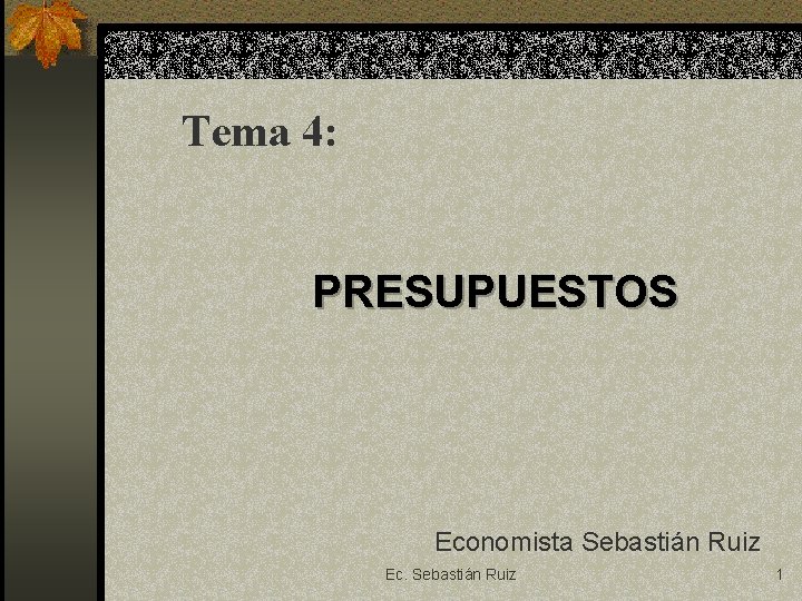 Tema 4: PRESUPUESTOS Economista Sebastián Ruiz Ec. Sebastián Ruiz 1 