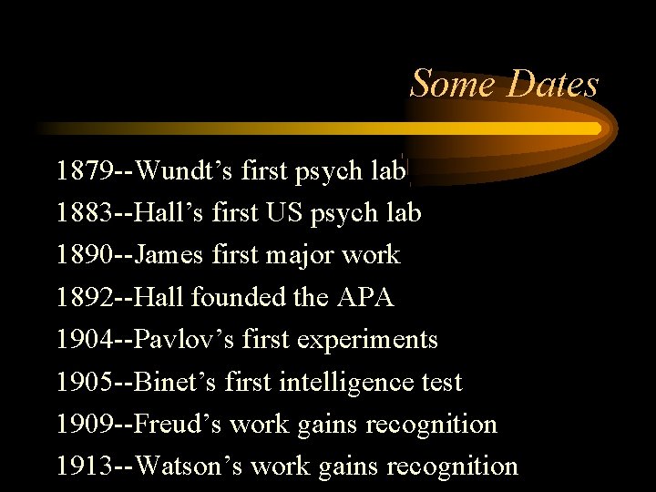 Some Dates 1879 --Wundt’s first psych lab 1883 --Hall’s first US psych lab 1890