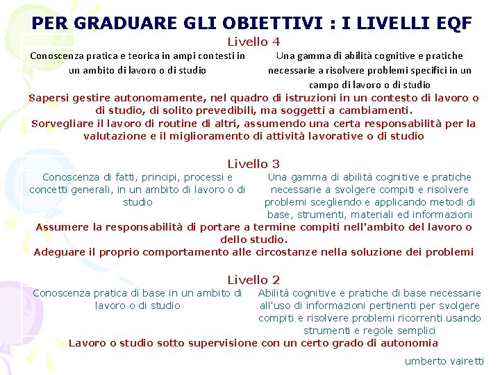 PER GRADUARE GLI OBIETTIVI : I LIVELLI EQF Livello 4 Conoscenza pratica e teorica