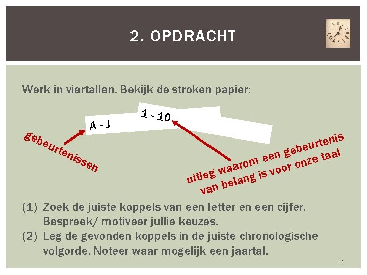 2. OPDRACHT Werk in viertallen. Bekijk de stroken papier: geb A-J eur ten iss