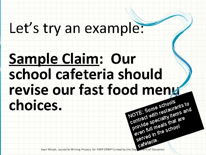 Let’s try an example: Sample Claim: Our school cafeteria should revise our fast food