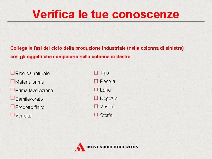 Verifica le tue conoscenze Collega le fasi del ciclo della produzione industriale (nella colonna