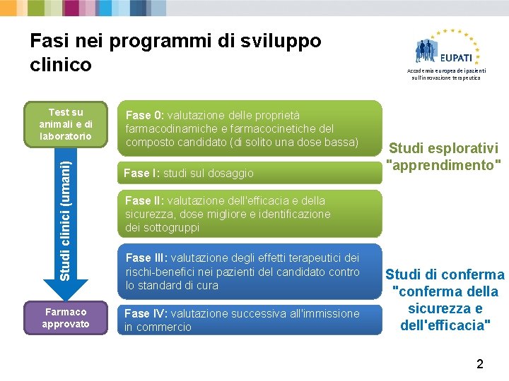 Fasi nei programmi di sviluppo clinico Studi clinici (umani) Test su animali e di