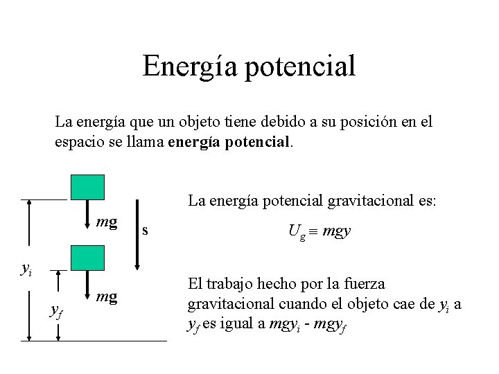 Energía potencial La energía que un objeto tiene debido a su posición en el