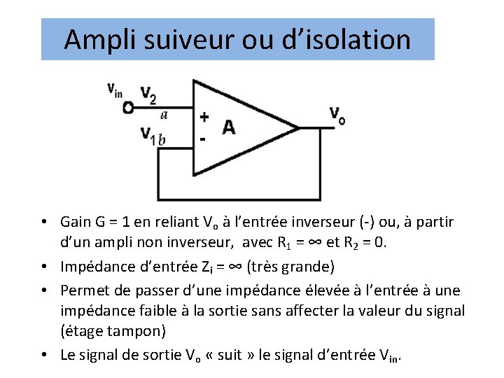 Ampli suiveur ou d’isolation • Gain G = 1 en reliant Vo à l’entrée