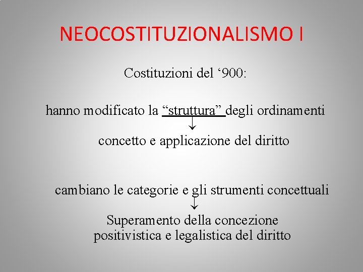 NEOCOSTITUZIONALISMO I Costituzioni del ‘ 900: hanno modificato la “struttura” degli ordinamenti concetto e