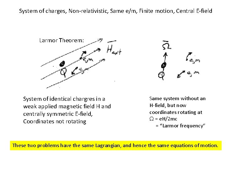 System of charges, Non-relativistic, Same e/m, Finite motion, Central E-field Larmor Theorem: System of