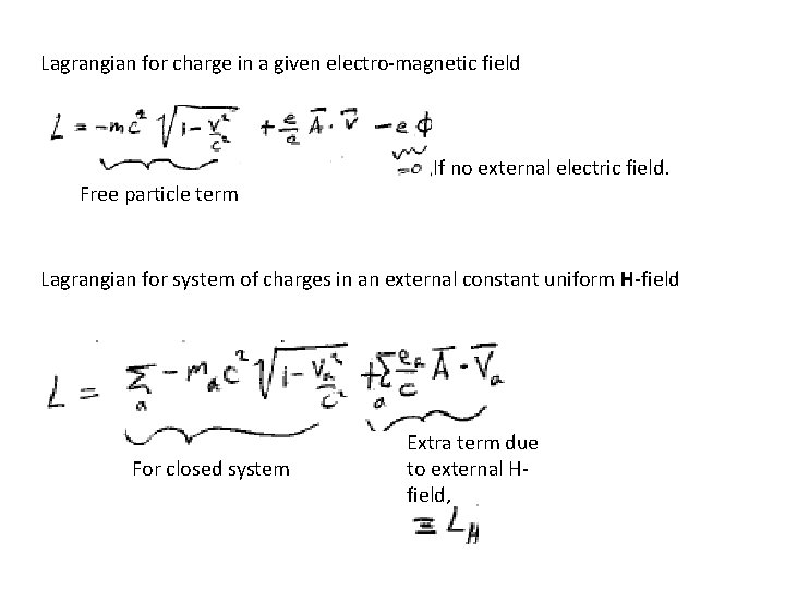 Lagrangian for charge in a given electro-magnetic field Free particle term If no external