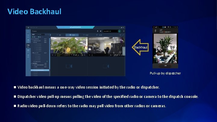 Video Backhaul Pull-up by dispatcher n Video backhaul means a one-way video session initiated