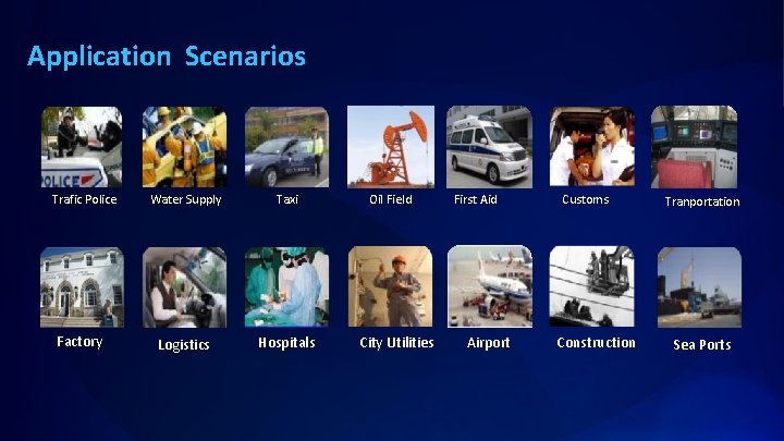 Application Scenarios Trafic Police Factory Water Supply Taxi Logistics Hospitals Oil Field City Utilities