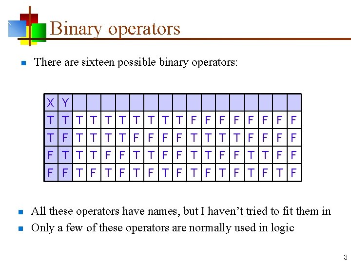 Binary operators n There are sixteen possible binary operators: X T T F Y