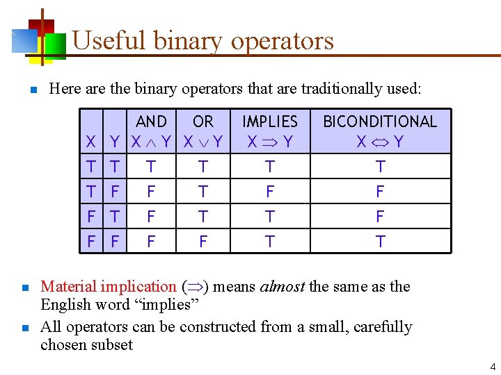 Useful binary operators n Here are the binary operators that are traditionally used: X