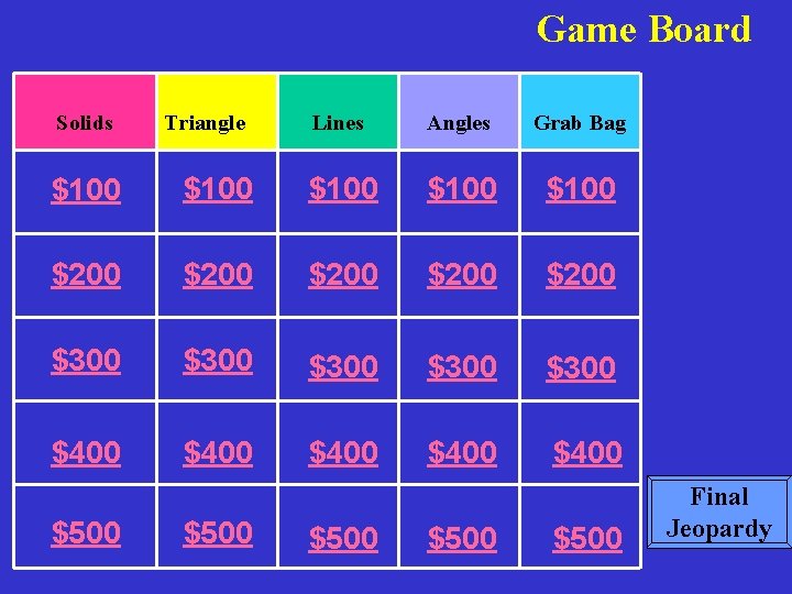 Game Board Solids Triangle Lines Angles Grab Bag $100 $100 $200 $200 $300 $300