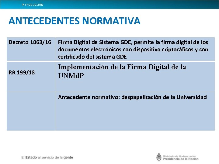 INTRODUCCIÓN ANTECEDENTES NORMATIVA Decreto 1063/16 RR 199/18 Firma Digital de Sistema GDE, permite la