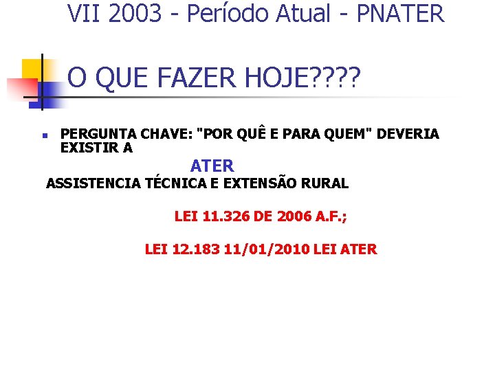 VII 2003 - Período Atual - PNATER O QUE FAZER HOJE? ? n PERGUNTA