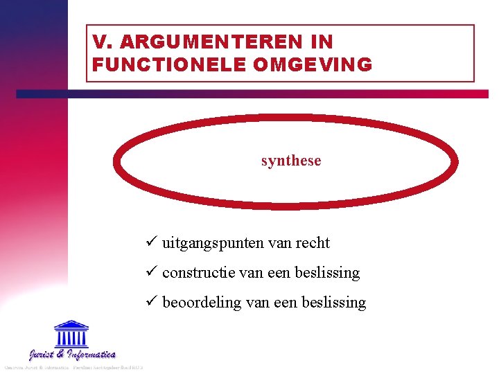 V. ARGUMENTEREN IN FUNCTIONELE OMGEVING synthese ü uitgangspunten van recht ü constructie van een