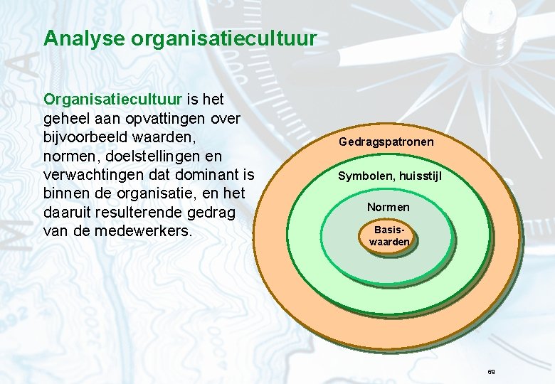 Analyse organisatiecultuur Organisatiecultuur is het geheel aan opvattingen over bijvoorbeeld waarden, normen, doelstellingen en