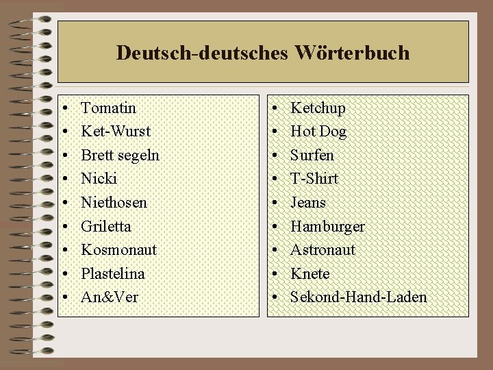 Deutsch-deutsches Wörterbuch • • • Tomatin Ket-Wurst Brett segeln Nicki Niethosen Griletta Kosmonaut Plastelina