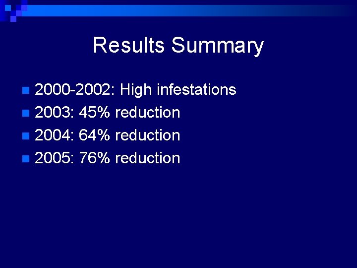 Results Summary 2000 -2002: High infestations n 2003: 45% reduction n 2004: 64% reduction