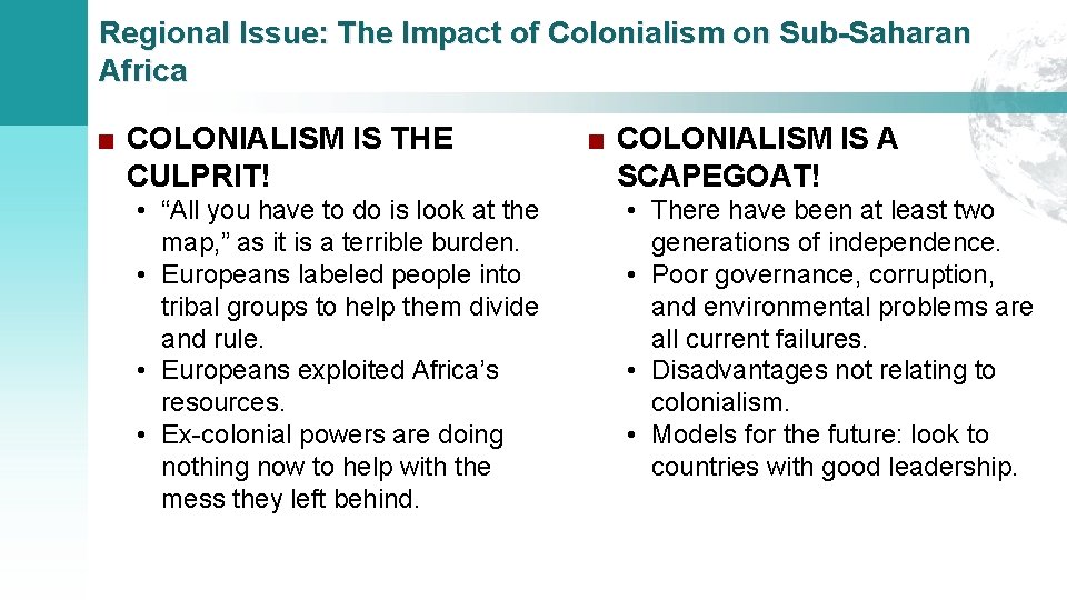 Regional Issue: The Impact of Colonialism on Sub-Saharan Africa ■ COLONIALISM IS THE CULPRIT!