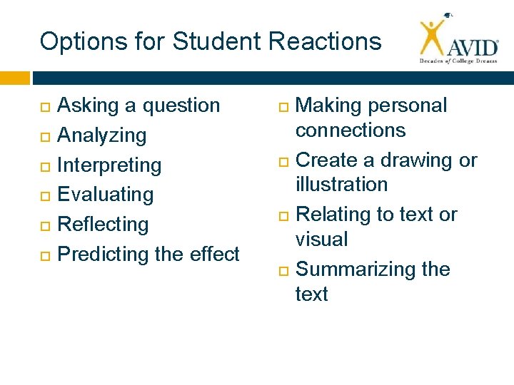 Options for Student Reactions Asking a question Analyzing Interpreting Evaluating Reflecting Predicting the effect
