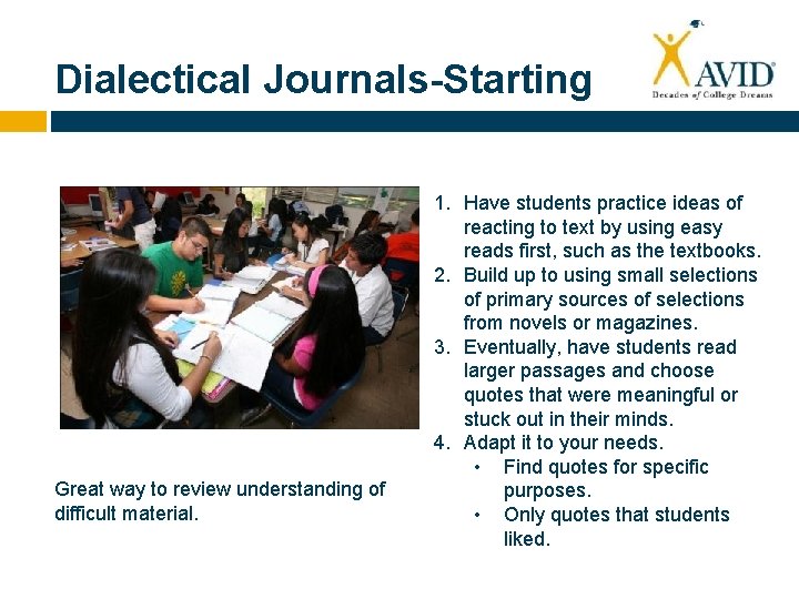 Dialectical Journals-Starting Great way to review understanding of difficult material. 1. Have students practice