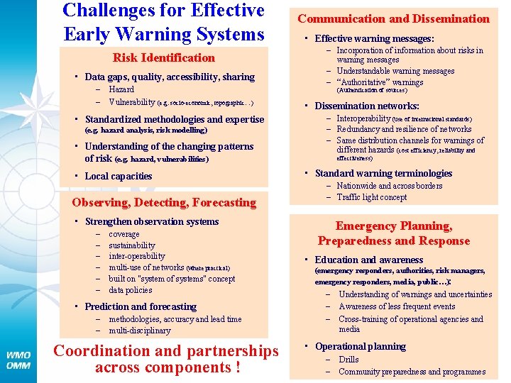 Challenges for Effective Early Warning Systems Risk Identification • Data gaps, quality, accessibility, sharing