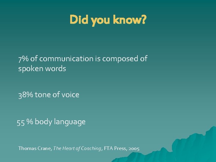Did you know? 7% of communication is composed of spoken words 38% tone of