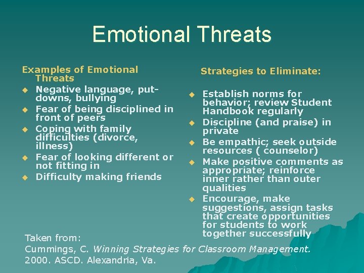 Emotional Threats Examples of Emotional Threats u Negative language, putdowns, bullying u Fear of